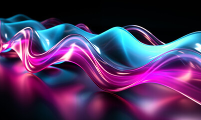 Ondas digitales fluyen como energía visual: color brillante, movimiento orgánico y abstracción tecnológica.Formas onduladas rosas y azules, fondo oscuro, textura brillante, efecto tridimensional, luz 
