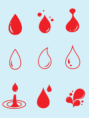 Collection of nine stylized red droplet icons, varying in shape, fill, and splash effects, on a light blue background.