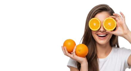 Young caucasian woman, early 20s, radiant smile, long brown hair, holding vibrant oranges, covering eye with orange halves, white studio background, copy space left, concept of vitality and vitamin C