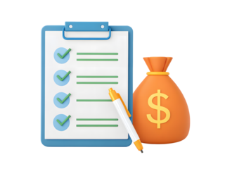 Clipboard with checklist and money bag isolated on transparent background