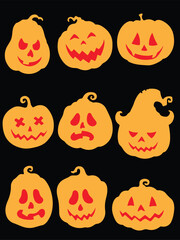 Obraz premium A collection of nine stylized Halloween jack-o'-lanterns with different carved facial expressions against a black background.