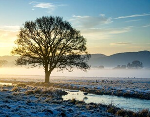 Floodplains in winter, solitary tree, early mist