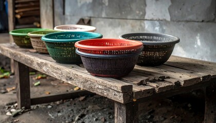 Colorful Plastic Baskets on Rustic Wooden Table - A Vibrant Still Life.