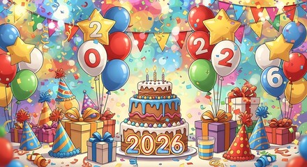 Vibrant birthday celebration scene with cake balloons gifts and festive decorations for 2023
