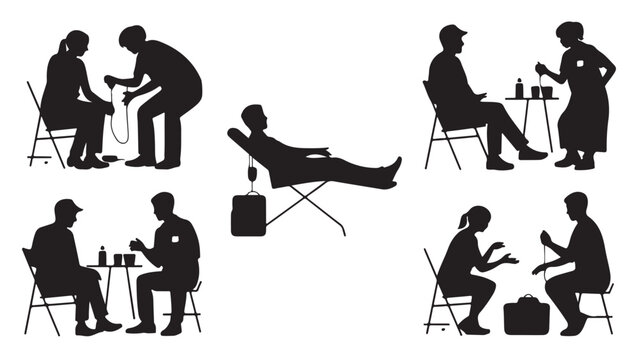 Silhouette illustration of blood donation scenes showing medical professionals and donors vector graphic isolated on white