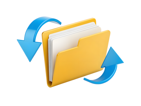 Yellow folder with blue arrows isolated on transparent background