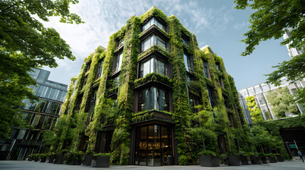 Lush green facade vertical garden eco building modern architecture urban greenery sustainable design glass window ivy wall city street