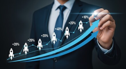 Businessman drawing upward trend graph with rockets and percentages growth success