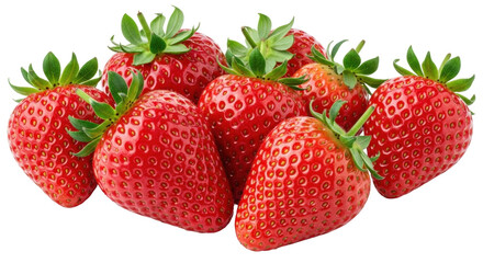 Isolated pile of sweet ripe fresh strawberries with green leaves; vibrant red color