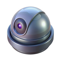 Futuristic security camera concept with purple lens and metallic finish 3d illustration isolated on transparent background