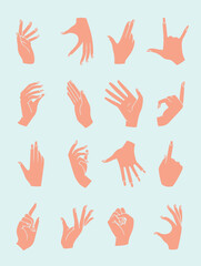 A collection of sixteen stylized hand illustrations in various poses and gestures against a light blue background.