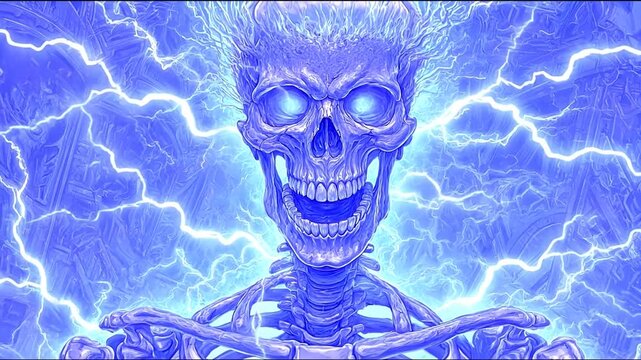 Electric blue skull illustration with lightning and energy effects