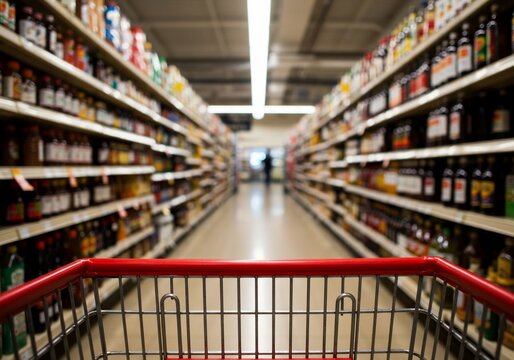 First person perspective from a shopping cart in a supermarket aisle.