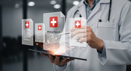 Doctor reviewing digital medical records on tablet healthcare