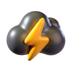 Thunderstorm weather forecast illustration with dark cloud and yellow lightning bolt 3d illustration isolated on transparent background