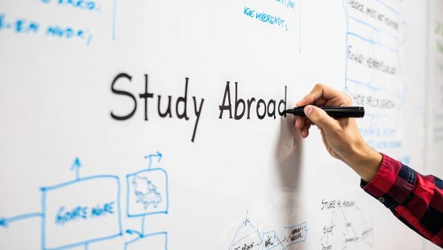 Hand Writing Study Abroad on Whiteboard with Diagrams