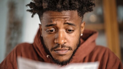 Reading news with concerned expression home environment portrait indoor emotional depth