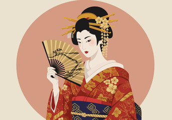 Obraz premium Elegant Geisha with Fan in Traditional Kimono.