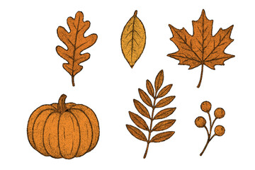 Autumn elements vector set with pumpkin, oak and maple leaves. Hand-drawn fall collection with grainy stippling texture. Retro y2k grunge style cartoon illustration pack.