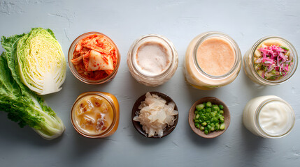 Fermented food probiotic kimchi miso yogurt kefir sauerkraut pickles joyfully arranged on table with fresh cabbage, bowls, jars, and spoon