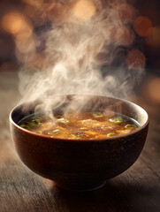 Steaming miso soup wooden table rustic bowl tofu seaweed green onion savory broth hot steam warm atmosphere Japanese cuisine