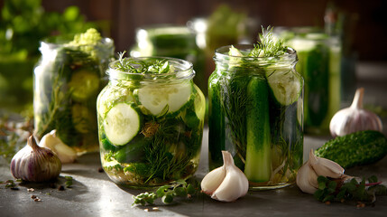 Pickle jar cucumber dill garlic herbs brine fermented homemade rustic kitchen glass sliced whole green spice savory fresh garden seasoning organic