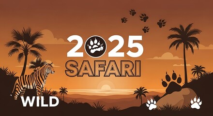 Wild 2025 safari adventure tropical sunset scene with tiger and palm trees