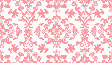 Elegant pink damask pattern on white background, perfect for vintage-themed textiles, wallpapers, and invitations with a classic ornamental touch.