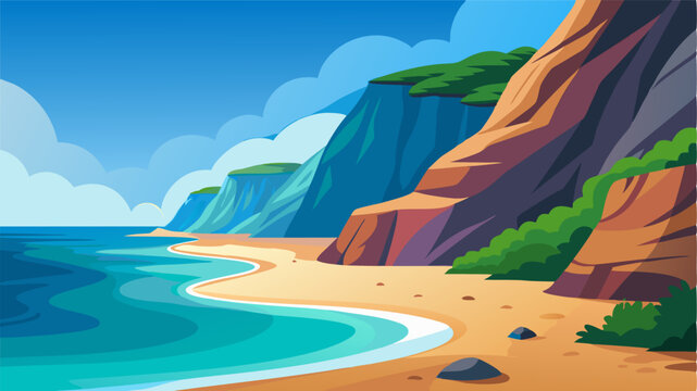 A secluded cove bordered by towering cliffs its pristine sandy beach constantly reshaped by the ebb and flow of the tides.