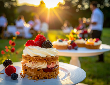 A berry topped dessert with whipped cream, set on a plate outdoors during sunset. Party or wedding event catering theme.