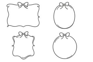 Set of hand-drawn doodle frames with ribbon bows. Elegant coquettish line art borders. Vector illustration for invitations, cards, labels. Minimalist sketch graphic elements.