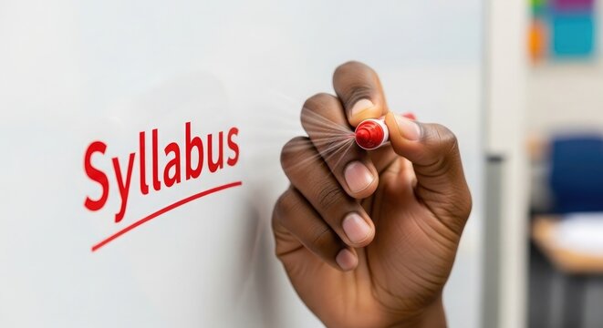 Hand writing the word syllabus in red on a whiteboard