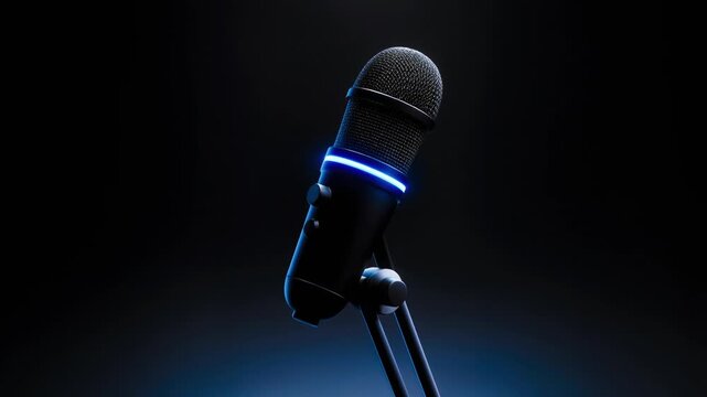 Professional condenser microphone with blue light glowing on a dark background