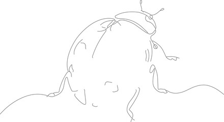 Minimalist Line Art Ladybug Insect on Plant Simple Outline Illustration