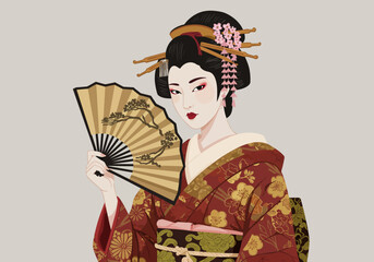 Obraz premium Elegant Geisha with Fan in Traditional Kimono and Hair Ornaments.