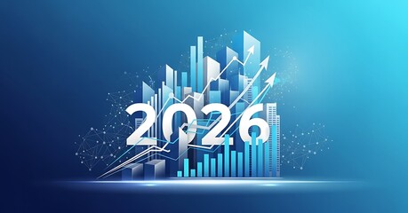 Futuristic cityscape with year 2026 numbers symbolizing innovation and progress