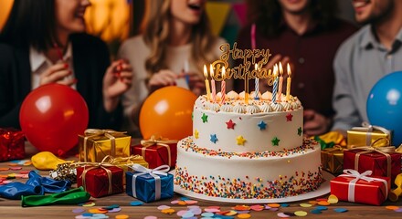 Happy birthday celebration festive cake candles gifts balloons party atmosphere