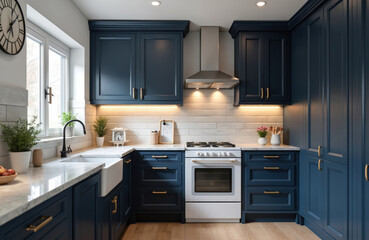 Modern kitchen with navy blue cabinets, white marble counter, farmhouse sink. Gas range, stainless steel hood prominent. Under cabinet lights brighten subway tile backsplash. Elegant home interior