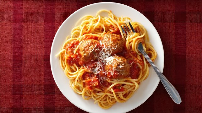 Spaghetti with meatballs on a white plate red checkered tablecloth overhead