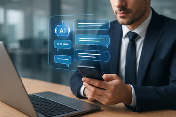 Businessman using smartphone with ai chatbot virtual assistant to help solve problems and provide support for artificial intelligence interaction
