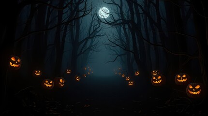 A spooky halloween night with glowing jackolanterns in a dark forest