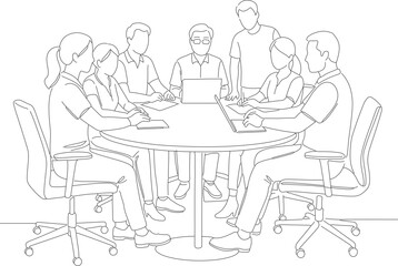Outline Line Art Meeting Around Table Collaboration Discussion Illustration