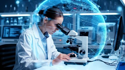 A scientist in a laboratory uses a microscope, as the scientist examines samples under the microscope. The scientist's lab coat and microscope are foregrounded by digital elements. - Powered by Adobe