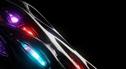 Abstract 3D render of a futuristic sci-fi object. Glowing portals reveal colorful nebulas inside a sleek, dark structure with copy space.