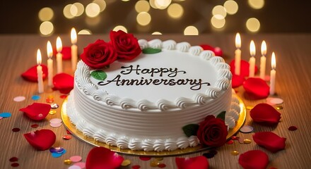Romantic anniversary cake surrounded by red rose petals and flickering candles