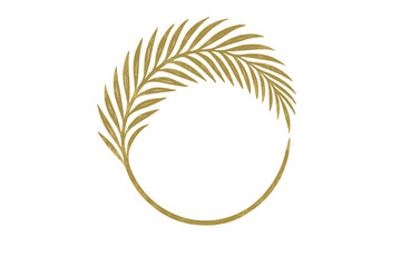 Golden palm leaf round frame. Hand drawn tropical leaf circle for logo design. Minimalist luxury elegant boho decor element. Vintage summer foliage icon. Exotic plant wreath.