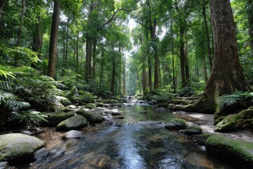 Obraz premium Tranquil forest stream flowing through lush green foliage