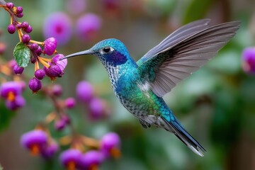 Obraz premium Hummingbird hovers near purple flowers in nature
