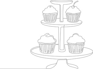 Minimalist Line Drawing Cupcake Display Stand Dessert Bakery Illustration