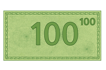 Voucher template for 100 units. Green banknote design with guilloche pattern and border. Concept for gift card, coupon, currency, money, check, or bonus certificate.